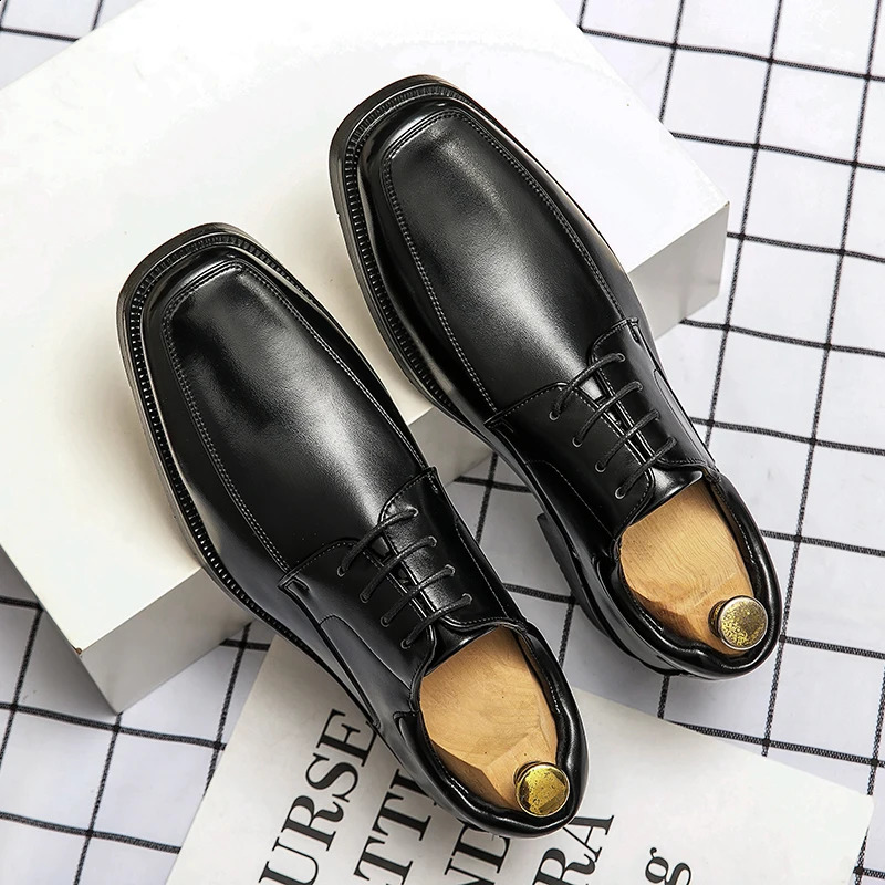 High Quality Business Men Dress Shoes Square head Male Casual Leather Shoes 2024 Lace Up Wedding Shoes Men Gentleman Derby Shoes 240606