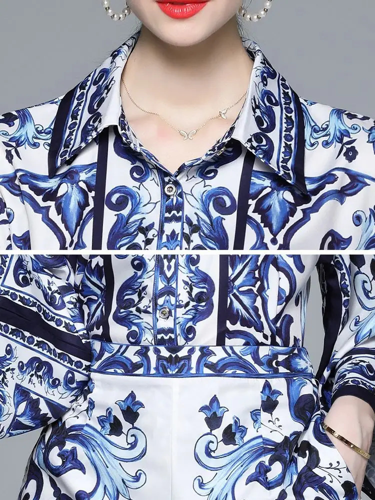 Autumn Runway Fashion Shorts Suit Women Turn-down Collar Blue and White Porcelain Print Shirts and Shorts 2 Pieces Set M6762 240530