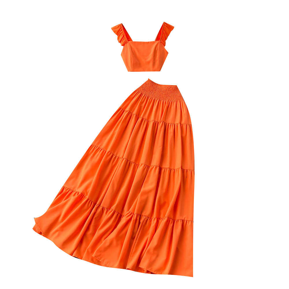 Summer Fresh Set Womens Short Strap Top+Mid length Cake Pleated Half skirt Set of Two