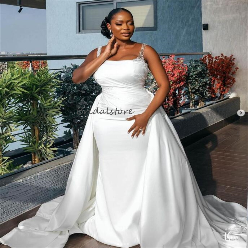 Stunning Mermaid Wedding Dresses With Detachable Train 2024 Elegant Plus Size African 2 In 1 Country Bridal Gowns Beaded Satin Church Bride Dress Vest