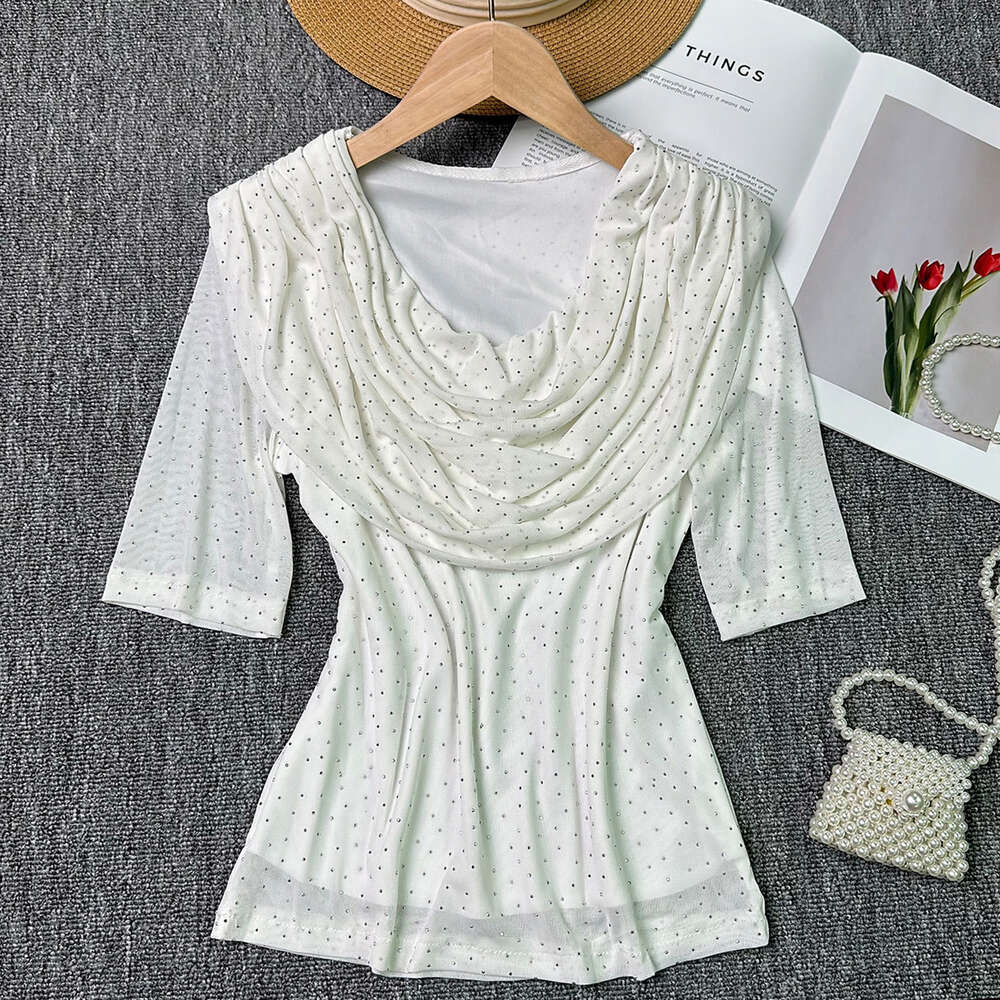 Top Summer Womens Light Luxury Heavy Industry Hot Diamond Slim Fit Short Sexy Perspective Mesh Bottom T-shirt