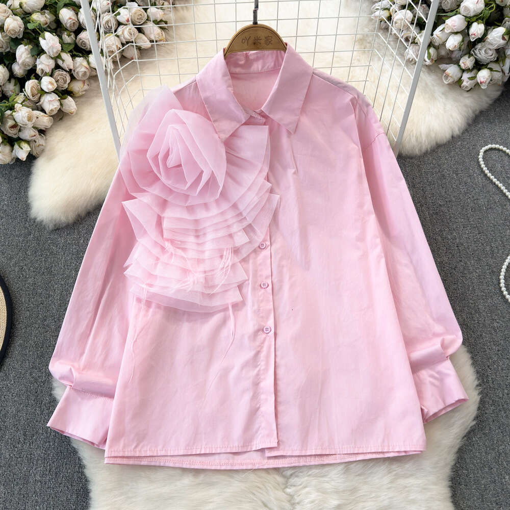 Fashionable socialite temperament design sense long sleeved three-dimensional flower Polo collar loose single breasted shirt for womens casual top