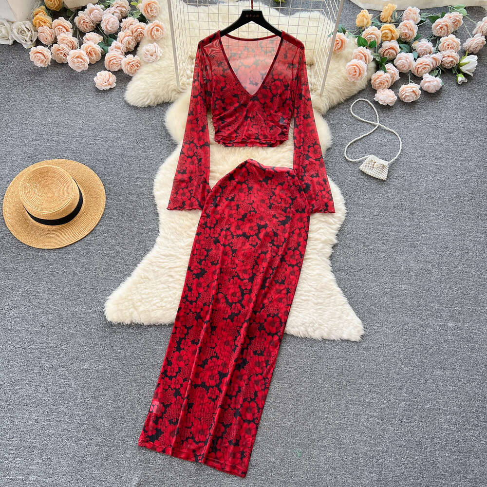 Instagram style sexy low cut long sleeved transparent short top+high waisted slimming fashionable printed skirt set