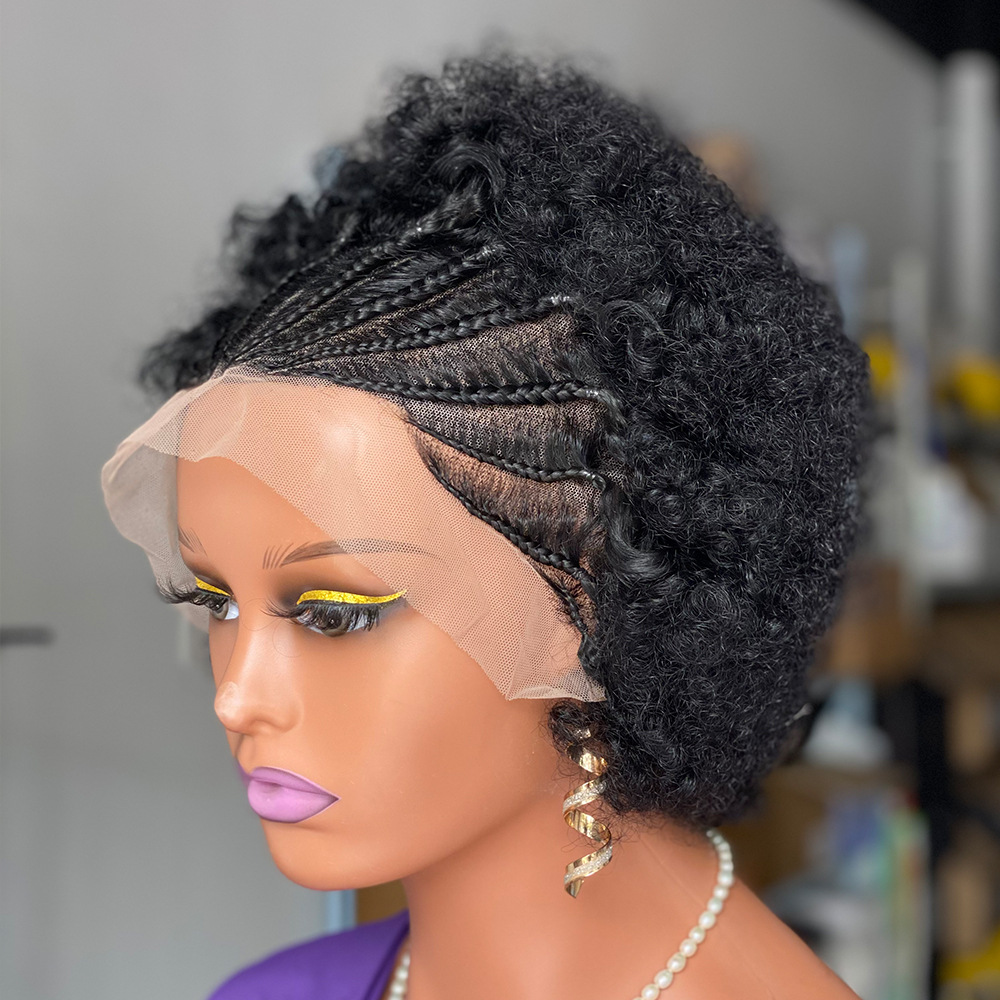 13X4 Lace Frontal Cover Braided Afro Human Natural Black 6 Inch Short Hair Curly Wig For Woman