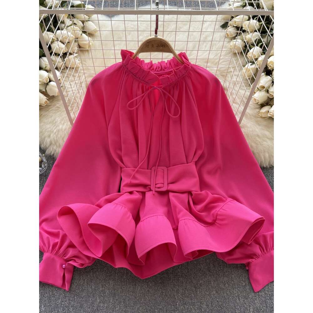 Luxury and luxurious French court style waistband lace up ruffled shirt for womens niche long sleeved top