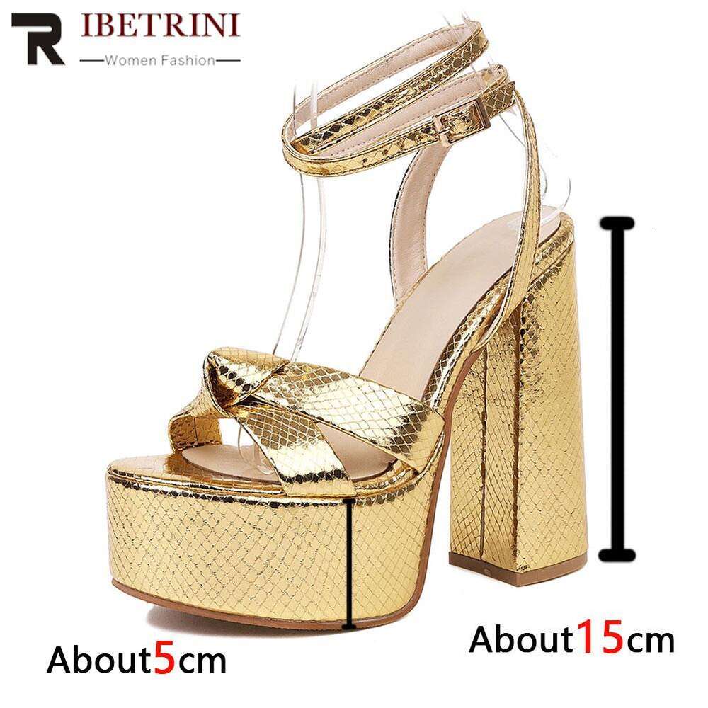 Gold Heels For Women Bow Knot Metalic Fashion Chunky Block Heel Ankle Strap Platform Sandals 2023 Summer New
