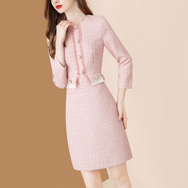 EVNISI Pink Spring Women Dress Knitted Elegant Bodycon Dresses Wrist Sleeve Tweed Patchwork For Women Office Vestidos 240529