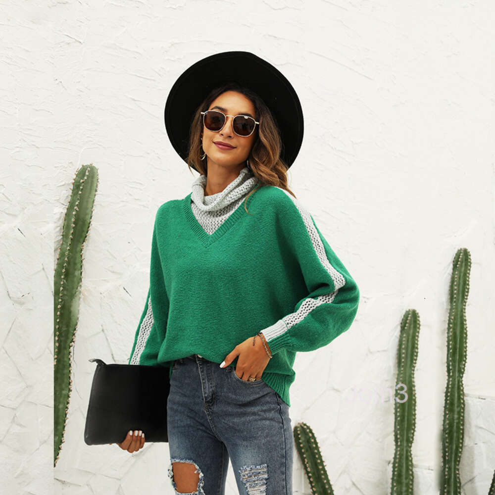 Autumn and Winter 24ss New Color Blocked High Neck Pullover Sweater Fashion Versatile Loose Knit Wool Coat Women