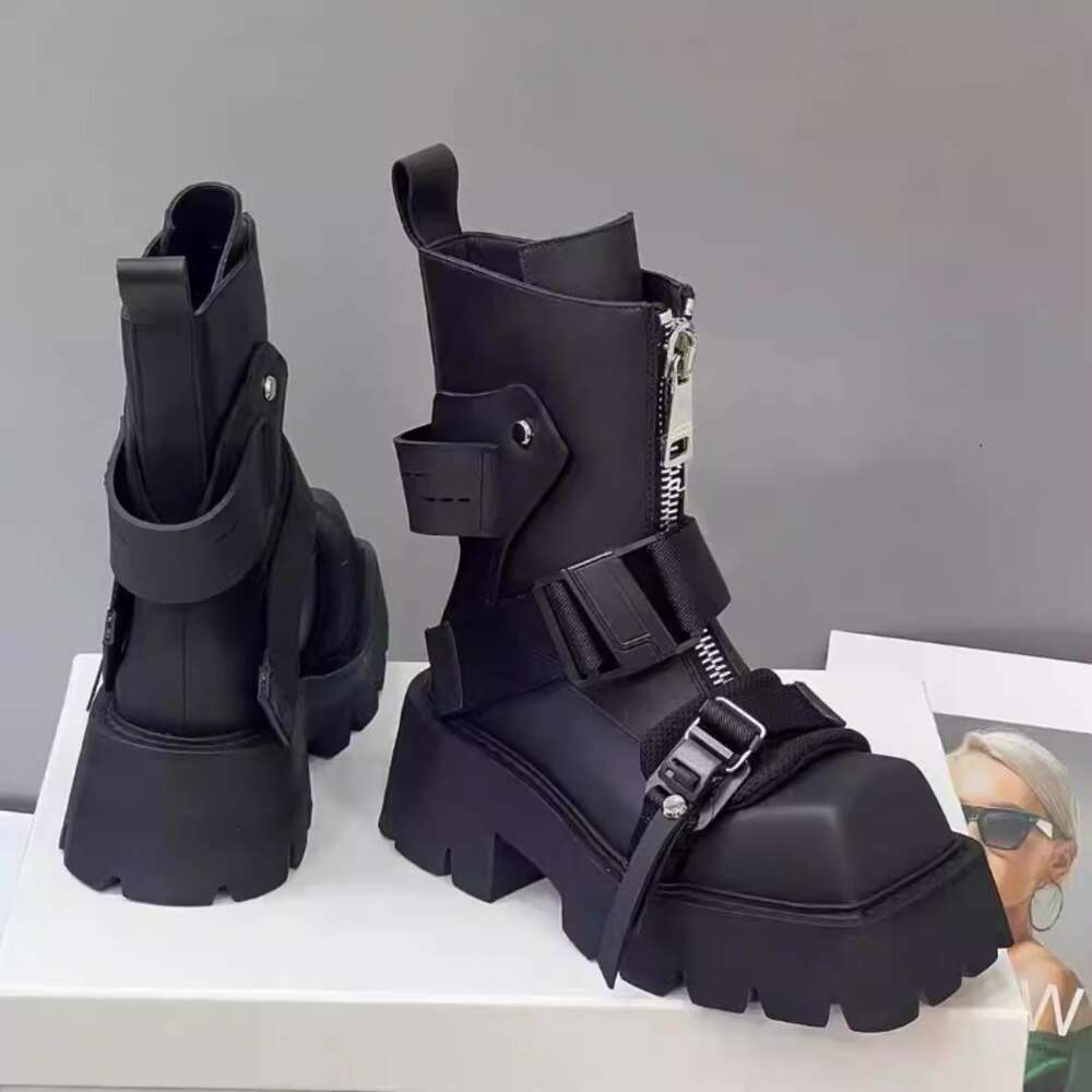 Autumn Women Ankle Thick Sole Zipper Belt Buckle Fashioner Shoes Leather Motorcycle Platform Boots Botines Zapatos