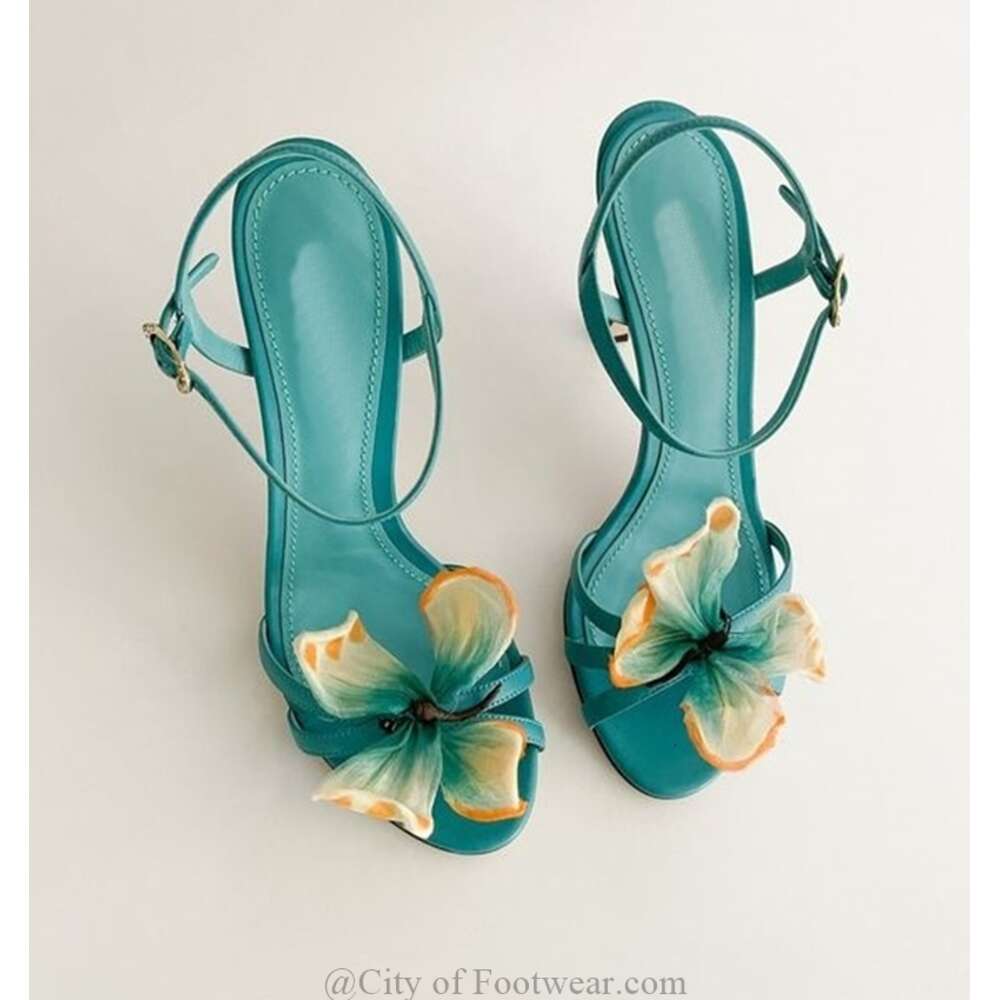 designer shoes Butterfly Flower Real Leather Sandals Women Summer Blue/Green Ankle Strap Thin High Heels Designer Party Vintage Shoes