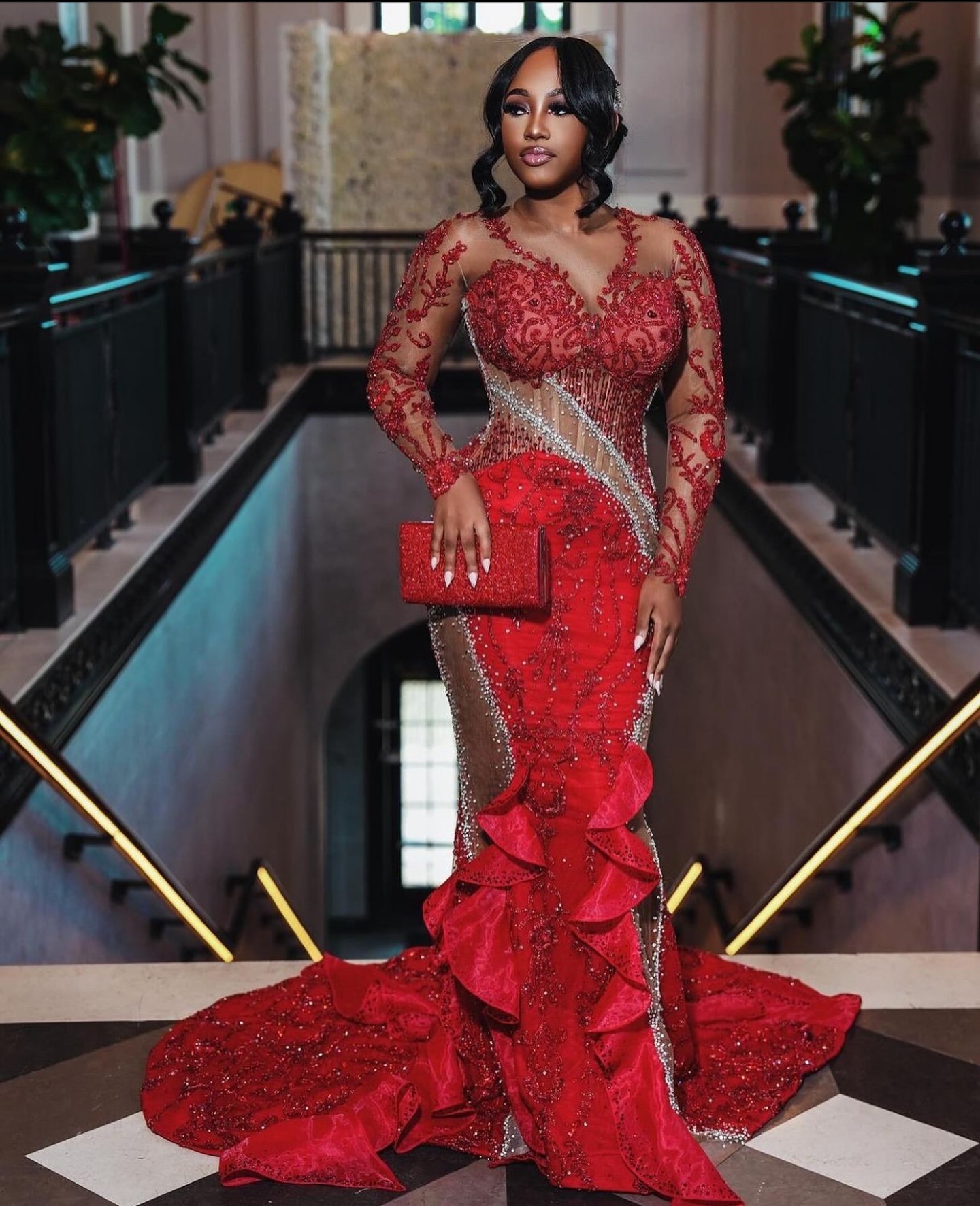 2024 Aso Ebi Plus Size Red Mermaid Prom Dress Lace Beaded Vintage Evening Formal Party Second Reception 50th Birthday Engagement Thanksgiving Gowns Dr