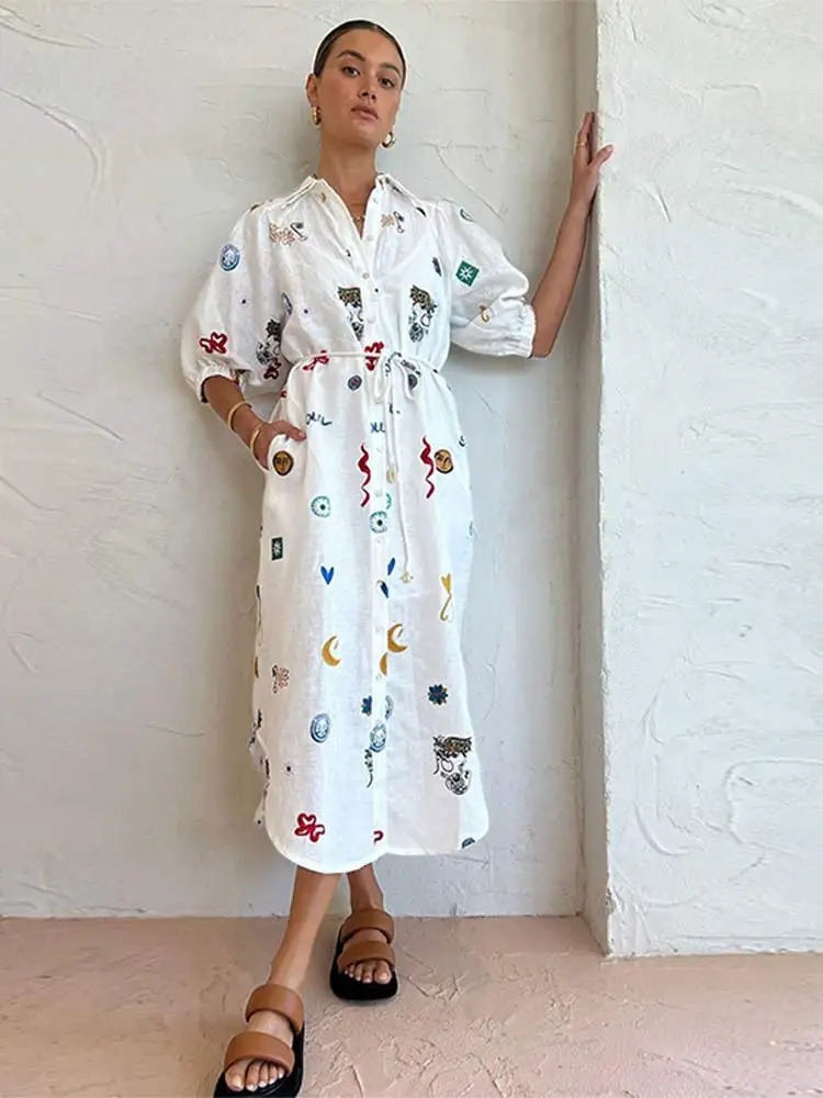 Women Chic Graffiti Print Lace Up Midi Dress Elegant Lapel Lantern Short Sleeve Dresses Female Casual Vacation Vestidos 240603
