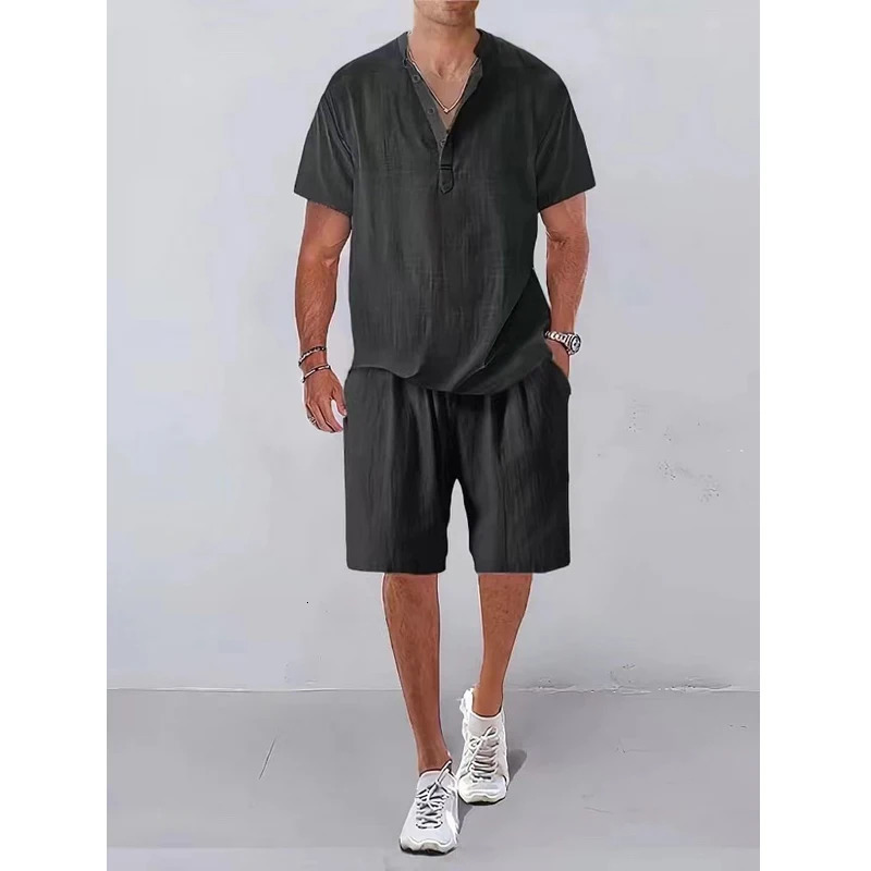 Fashion Men Sets Mens Solid Color Summer Stand Collar Linen Outfits Short Sleeve Polo ShirtShorts Two Pieces Men Casual Suit 240530