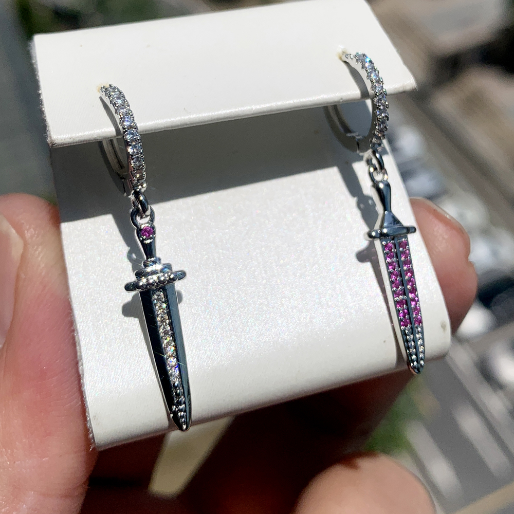 Ice Out Gothic Sword Dagger Earrings: Full Iced Bg Cubic Zirconia Copper Fashion Jewelry