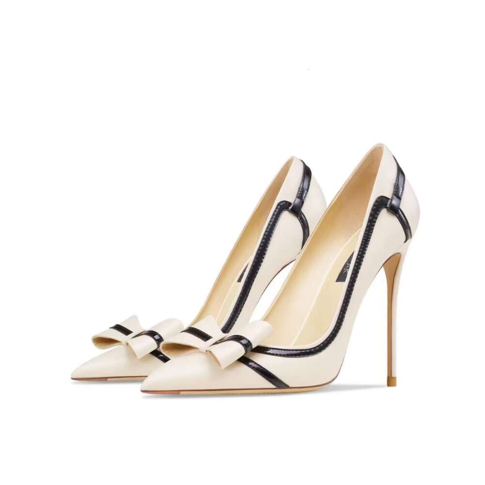 Genuine Leather Black Bow High Heels For Women's 2023 New Slim Heeled Pointed Shallow Cut French Sexy Color Matching Single Shoe