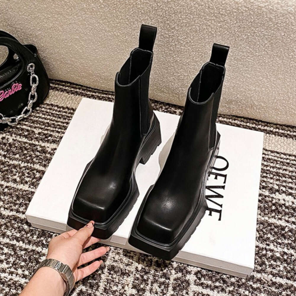Genuine Leather Ankle Chunky Heel Square Toe High Heeled Fashion Designer Boots For Women Botas Mujer