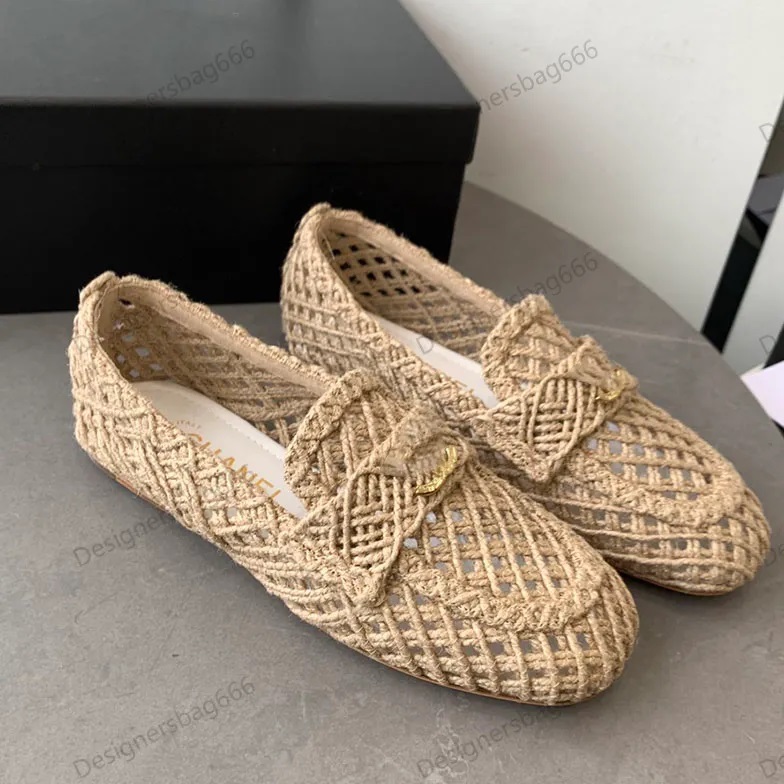 Designer Mesh Straw Loafers Womens Dress Shoe Fisherman Sandals Rattan Twine Braiding Ballet Flats Slip On Outdoor Beach Casual Shoes For Travel