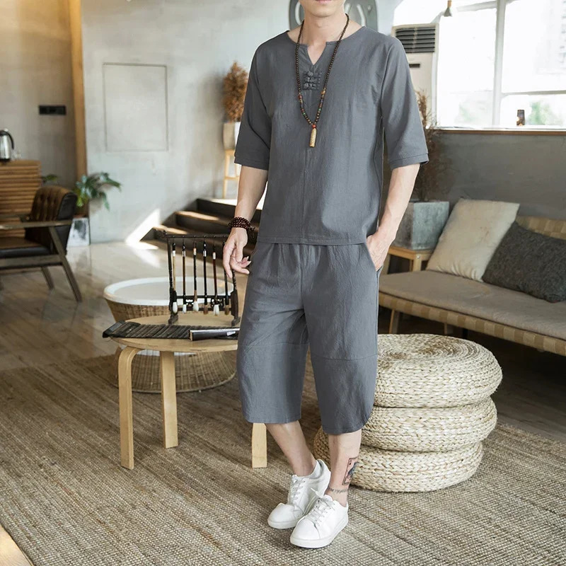 Mens Loose Comfortable Fashionable Spring/Summer Casual Linen Set 240530
