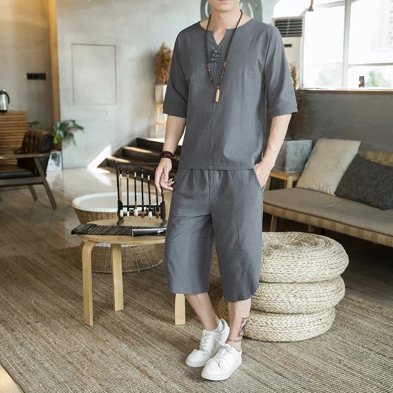Linen T-shirt Mens Oversized Loose Comfortable Cropped Sleeves Trendy Spring/summer Casual Set Chinese Style 240530