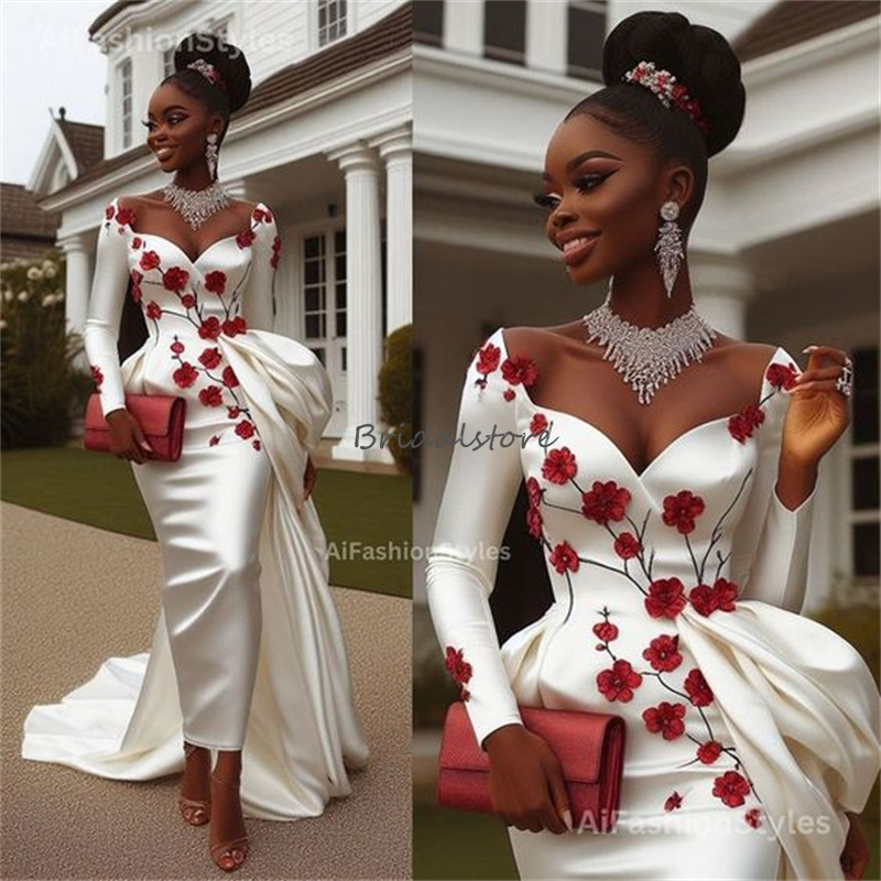 Amazing Aso Ebi Mermaid Wedding Dresses With Overskirt Train Off Shoulders Long Sleeve Silk Satin Flowers Country Civil Bridal Gowns African Boho Grec