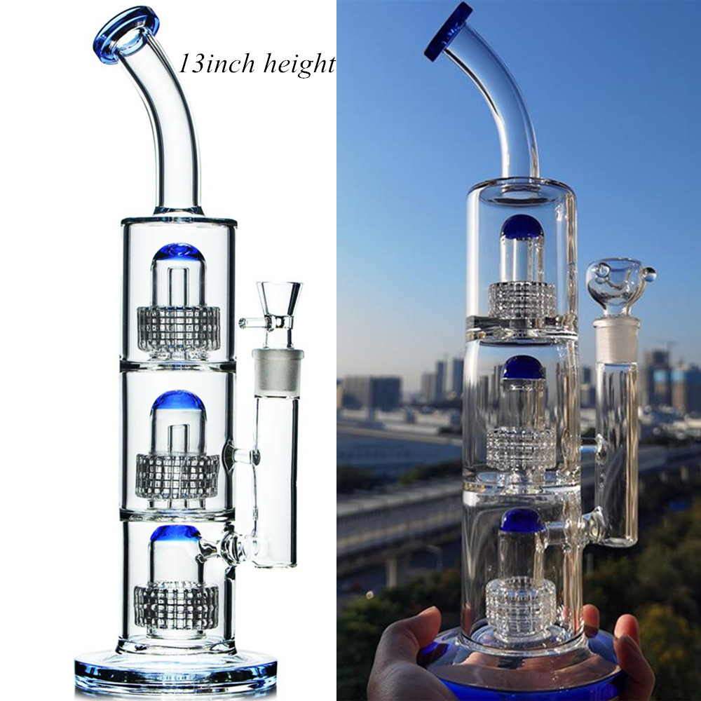 Blue Straight Tube Glass Bong Hookahs Thick Inline Perc Matrix Glass Water Pipes with Tire Heady Recycler Bubbler Smoking Shisha