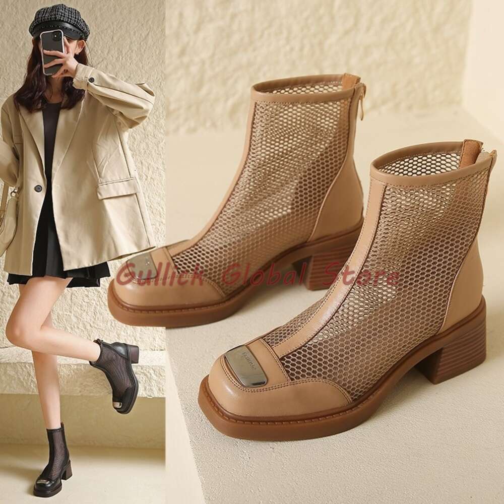2024 New Style Mesh Round Toe Metal Decoration Ankle Boots Handmade Zipper Summer Casual Concise Breathable Cosy Comfortable