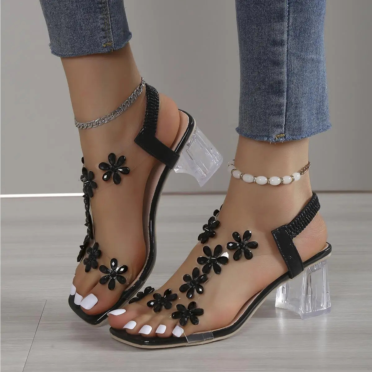 Rhinestone Transparent Heel Sandals For Women Summer High Heels 6cm Square Heel Open Toe Sandals Woman Wedding Dress Shoes 42 240528