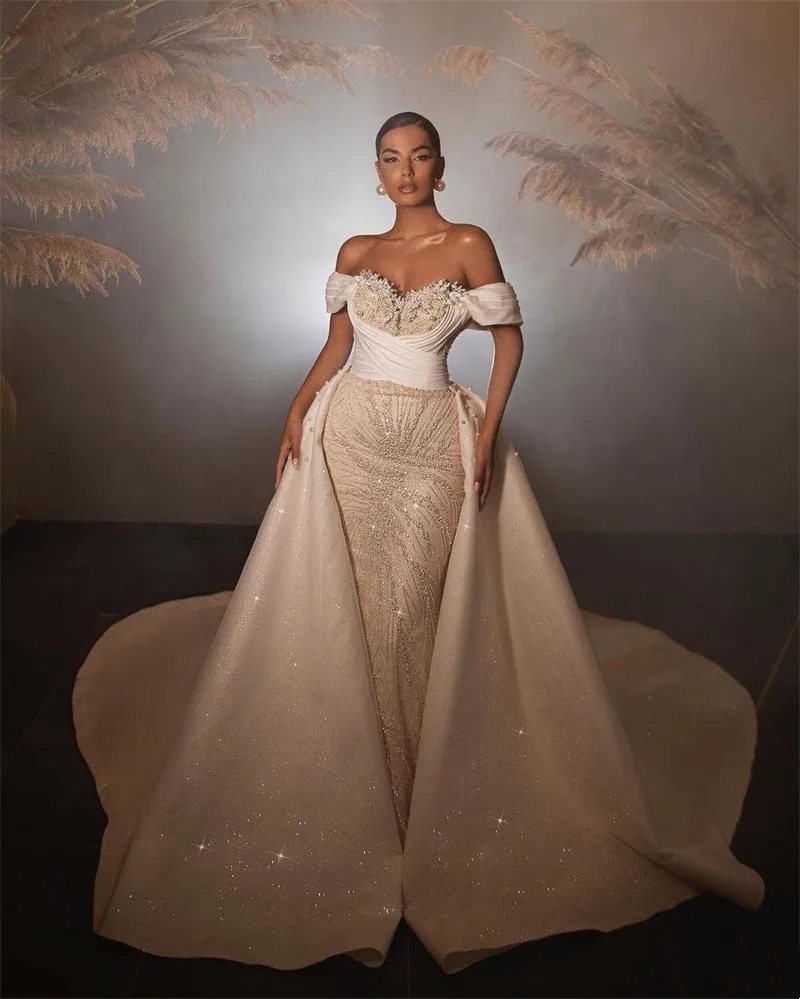 Ful Lace Mermaid Bridal Gowns Pearl Wedding Dress With Overskirts Sequins Off The Shoulder Custom Made Sweep Train Vestido De Novia 0219