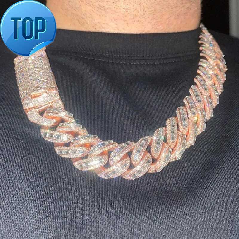 20mm Vermeil Hip Hop Sier with 14k Rose Gold Plated Chains Necklace Emerald Cut Moissanite Dia Iced Out Cuban Link Chain