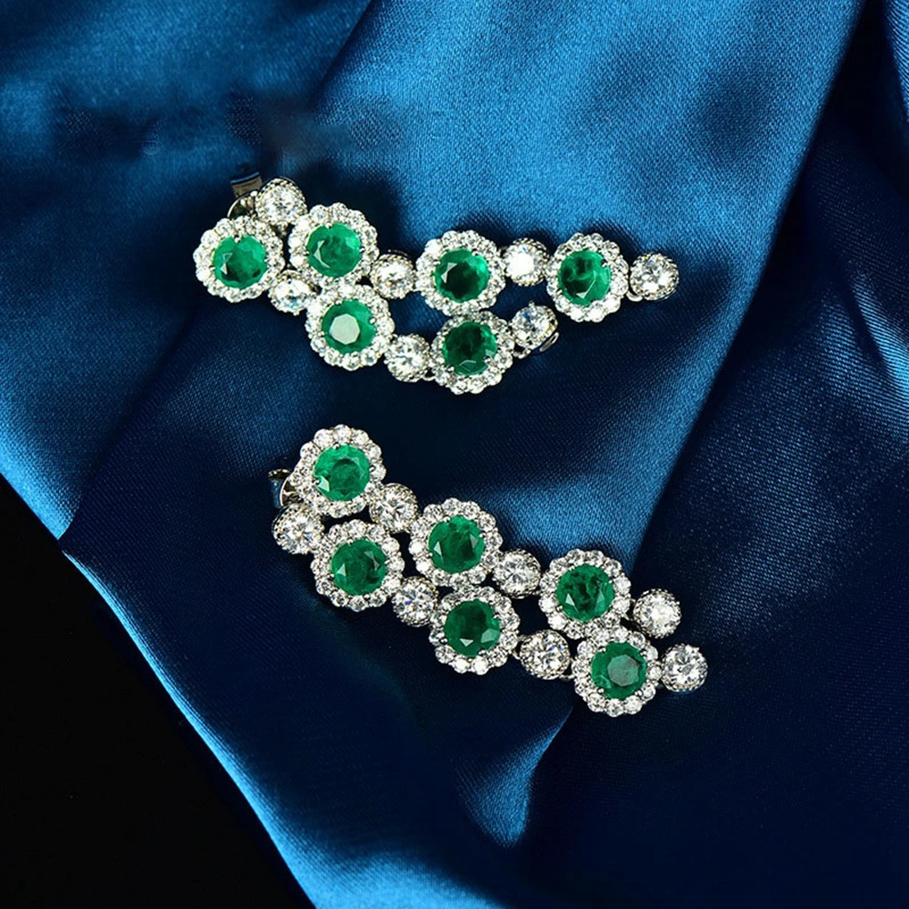 Wong Rain 925 sterling silver round cut jadeite high carbon diamond gemstone double row tassel pendant earrings 240523