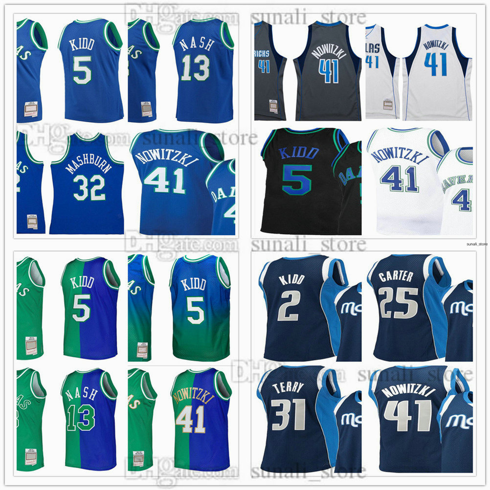 Custom Retro Basketball 2 Jason Kidd Jerseys Steve Nash 13 Dirk Nowitzki 41 Jason Terry 31 Vince Carter 25 Jamal Mashburn 32 Navy Blue White 5 Size XS-6XL