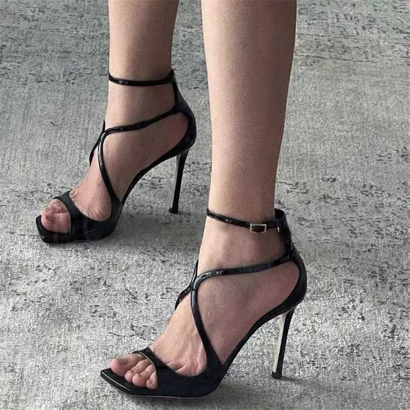 Sandals All-match Woman Sandals Square Toe Solid Color Buckle Strap High Heels Ladies Thin Belt Open Toe Shoes Night Club Party Sandals T240606