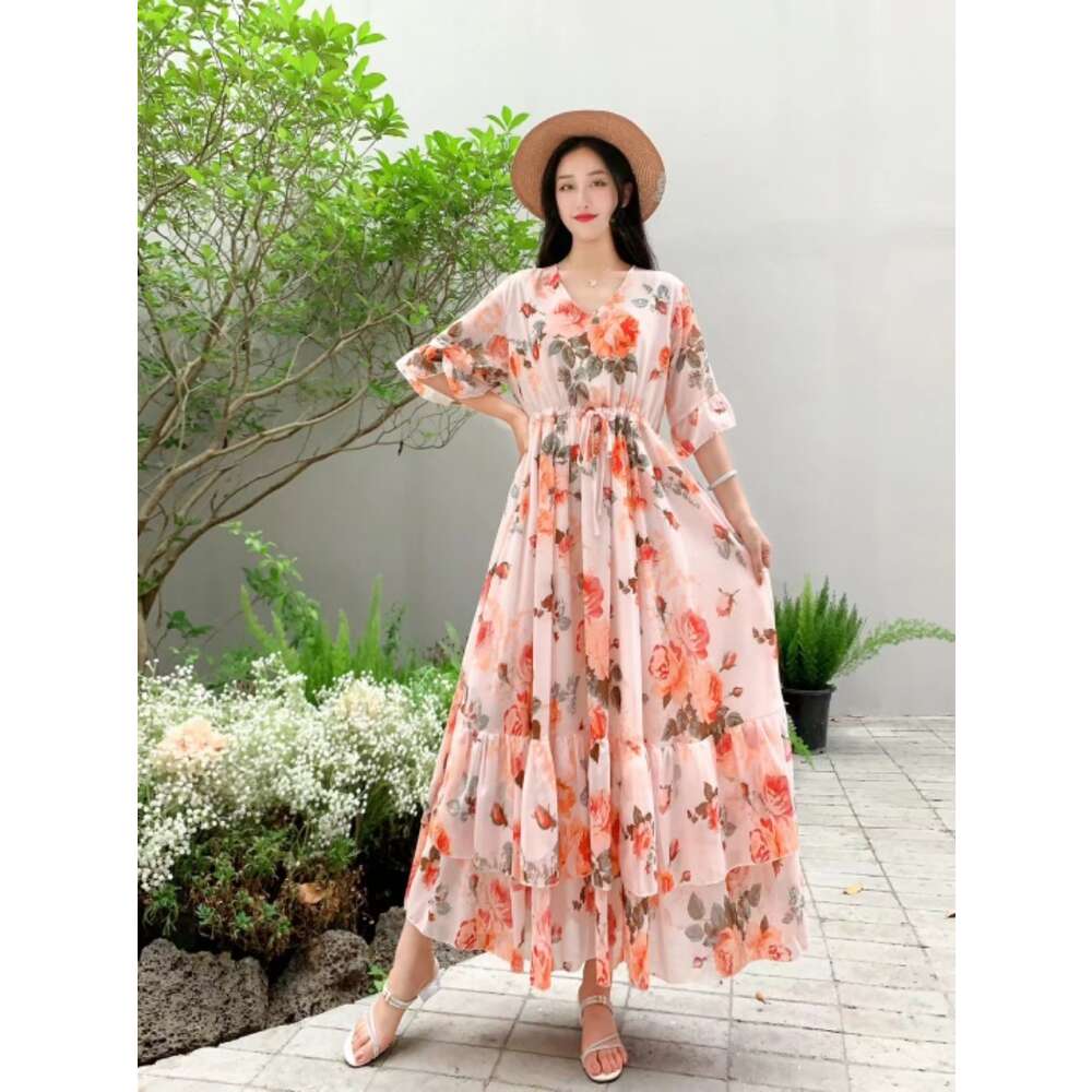 Summer New Ruffle Edge Style Fragmented Flower Slim Fit Waist Slimming Lace up Chiffon Short Sleeve Long Dress Vacation