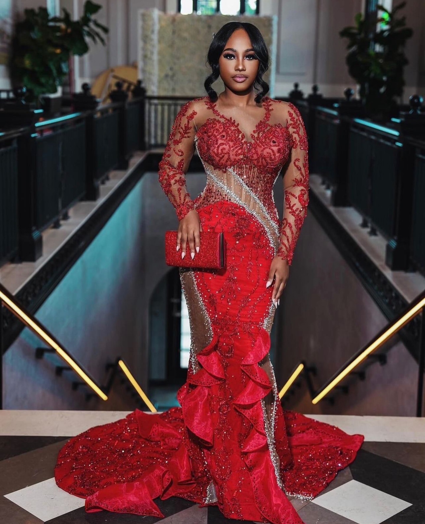 2024 Aso Ebi Plus Size Red Mermaid Prom Dress Lace Beaded Vintage Evening Formal Party Second Reception 50th Birthday Engagement Thanksgiving Gowns Dr