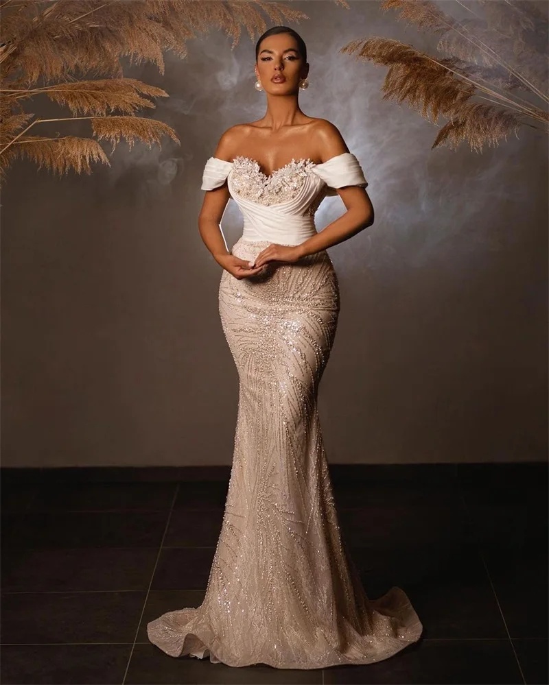Ful Lace Mermaid Bridal Gowns Pearl Wedding Dress With Overskirts Sequins Off The Shoulder Custom Made Sweep Train Vestido De Novia 0219