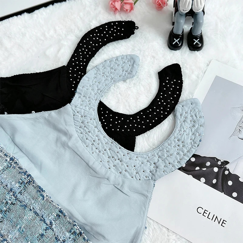 Small Fragrance Fashion Beads Tweed Sexy Slim Halter Sleeveless Bodycorn Dress Korean Elegant Slim Waist Mini Dresses 240529