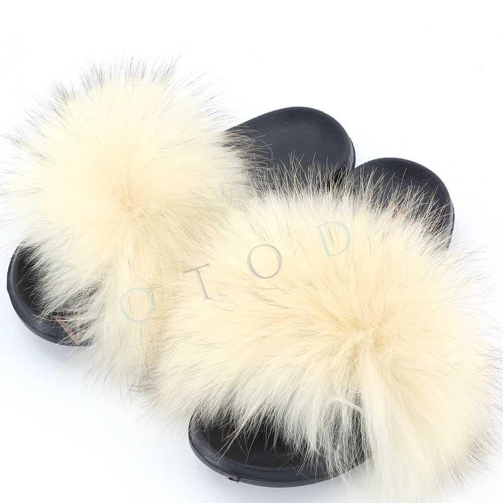 designer sandals Summer Women FurroomWoman Fluffy Raccoon Fox Fur Slides Female Furry Outside Flat Flip Flop Ladies Rainbow Slip On SandalsL464