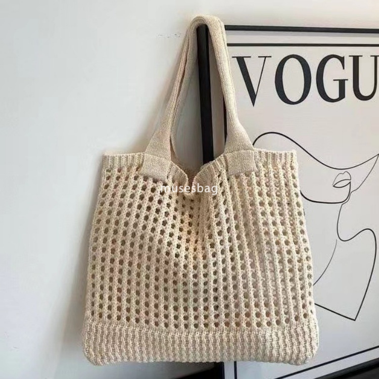 Korean Chic Hollow Knitted Bag Art Minimalist Knitted Bag Tote Bag Handheld Shopping Bag Fishing Net Bag Single Shoulder Bag