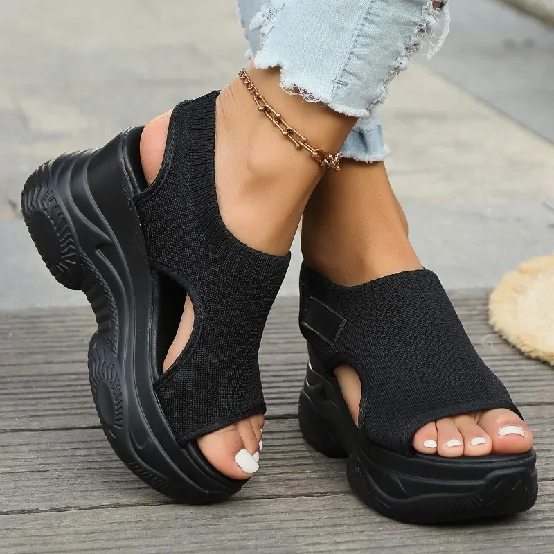Womens Sandals Summer Wedge Heel Elastic Cloth Cover Foot Ladies Sandals Thick-soled Fashion Trifle Elevation Casual Shoes 240528