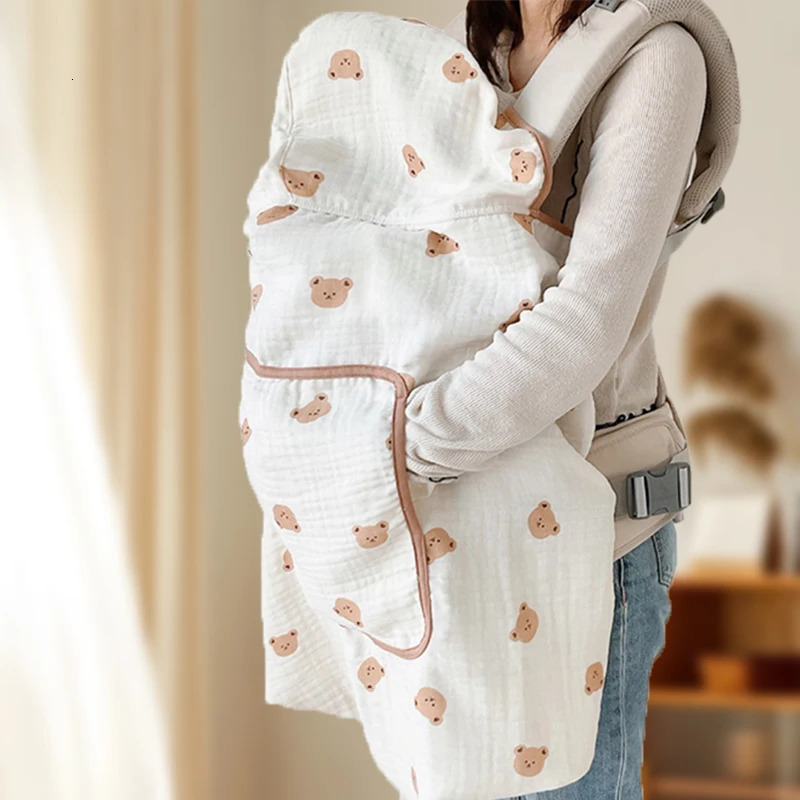 Baby Bear Swaddle Wrap Summer Windproof Multifunctional Blanekt Soft Cotton Cloark Cape Hooded Bath Towel Stroller Blanket 240603