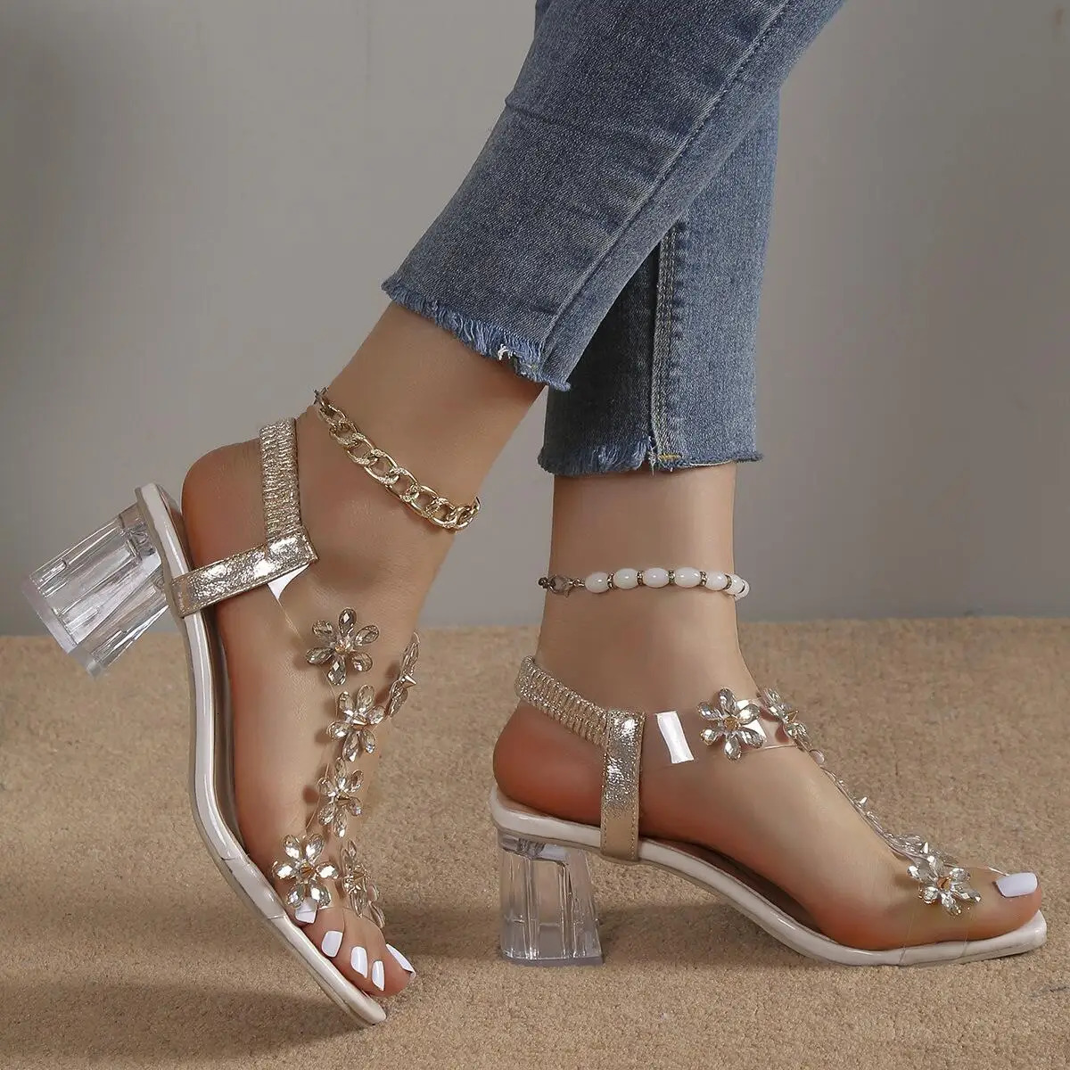 Rhinestone Transparent Heel Sandals For Women Summer High Heels 6cm Square Heel Open Toe Sandals Woman Wedding Dress Shoes 42 240528