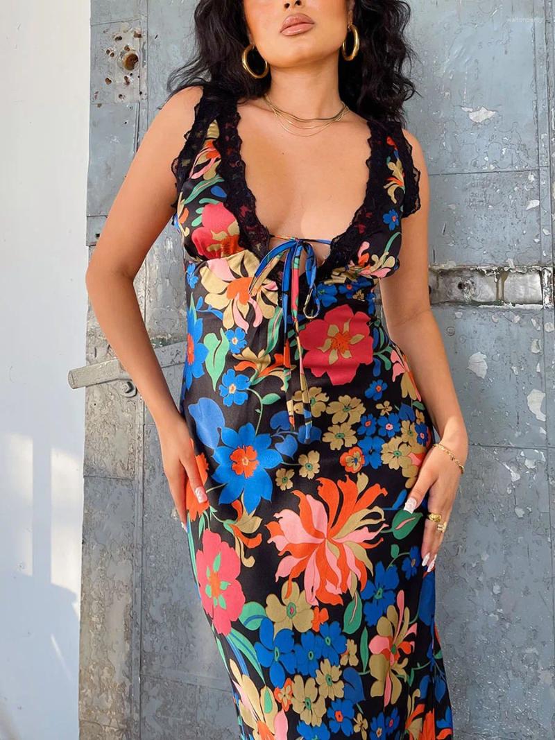 Casual Dresses Women Floral Lace Sleeveless Y2k Long Dress Deep V Neck Boho Print Maxi Summer Party Sundress
