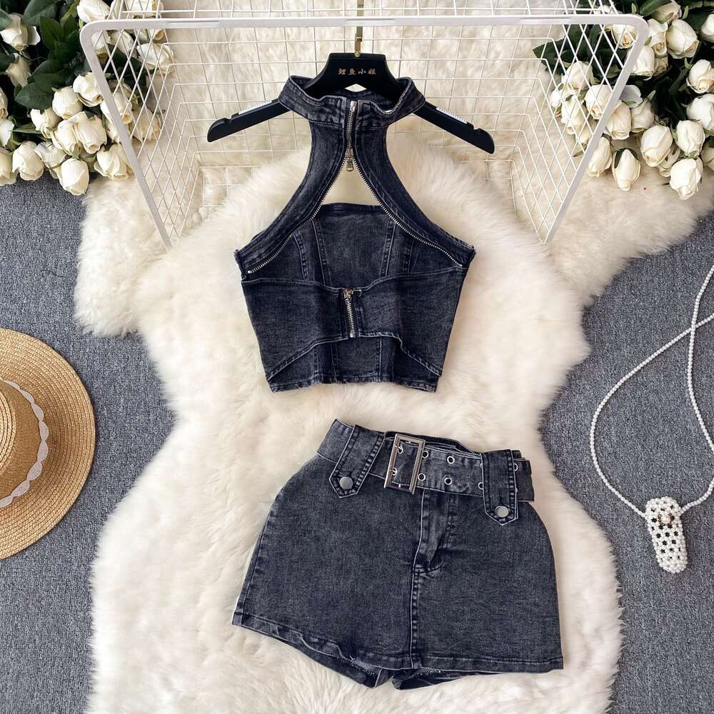 Fried Street Spicy Girl Cowboy Set Womens Summer New Hanging Neck Short Top Half Skirt Two Piece Set