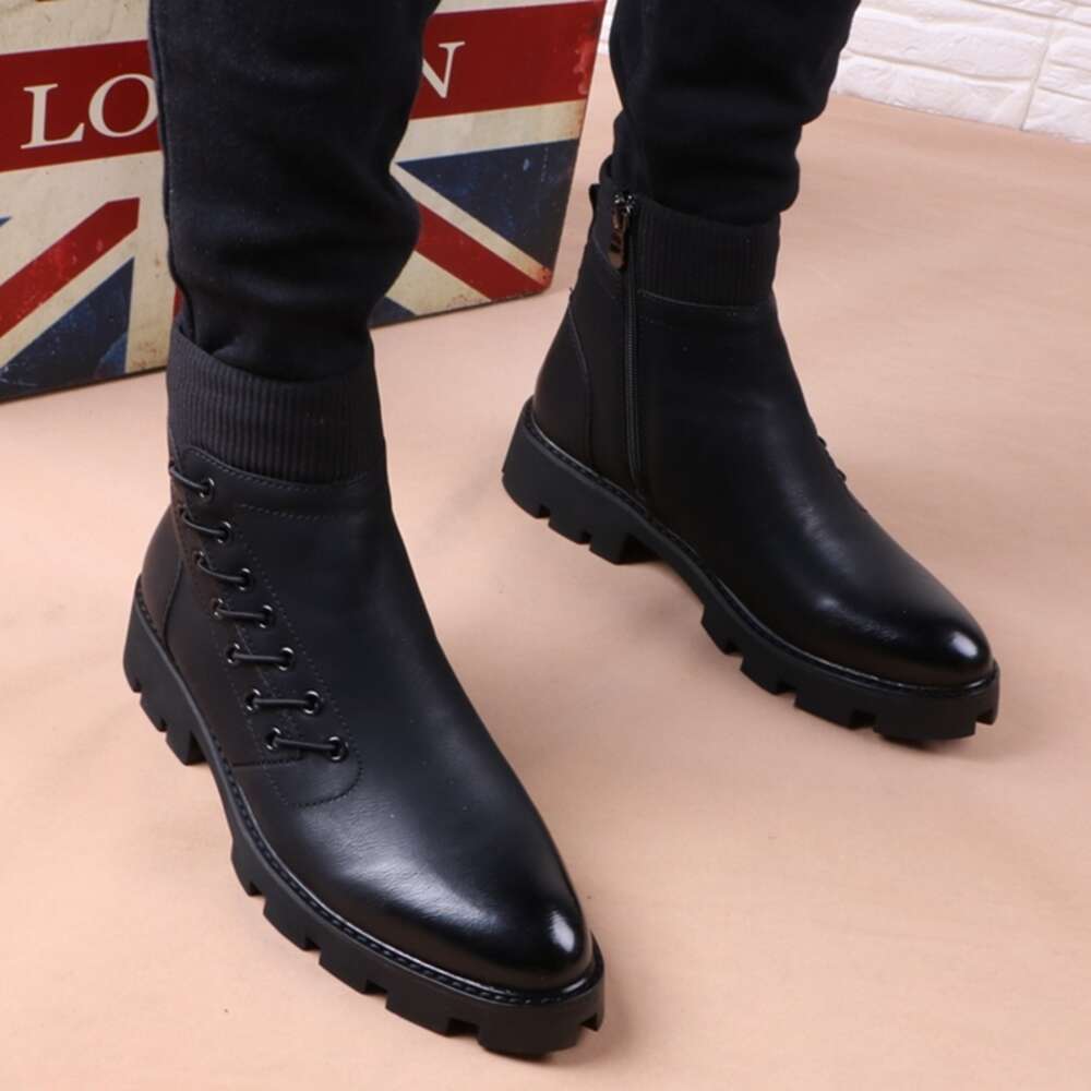 Italian Brand Designer Mens Leisure Cowboy Boots Natural Leather Platform Shoes Black Autumn Winter Ankle Boot Short Botas Male