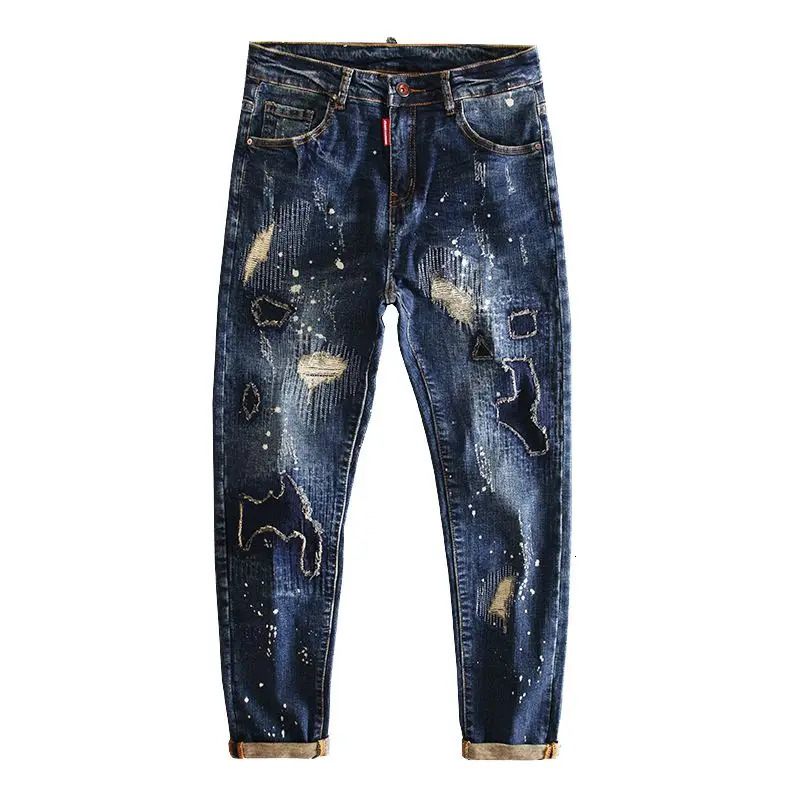 Mens jeans pleated tapered mens jeans with perforations Trousers Brooken Torn 90s streetwear Y2k 2000s casual 240524