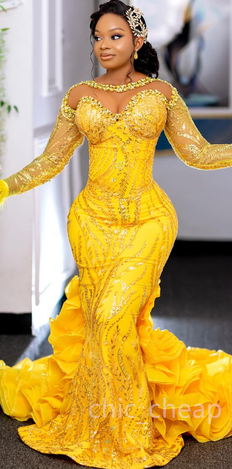 2024 Aso Ebi Plus Size Yellow Mermaid Prom Dress Lace Crystals Evening Formal Party Second Reception 50th Birthday Engagement Thanksgiving Gowns Dress