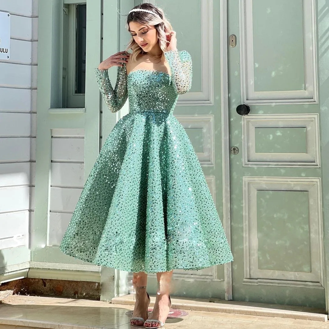Shiny Sequined Tea Length Prom Dresses Sheer Neck Long Sleeve Beaded Formal Party Gown Pleat Short Womens Special Ocn Dress 6660312