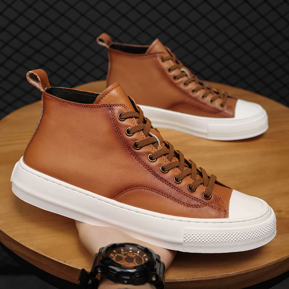 quality Comfortable Handmade High Top Fashion Sneakers GENUINE LEATHER Men's Canvas Walking Casual Shoes