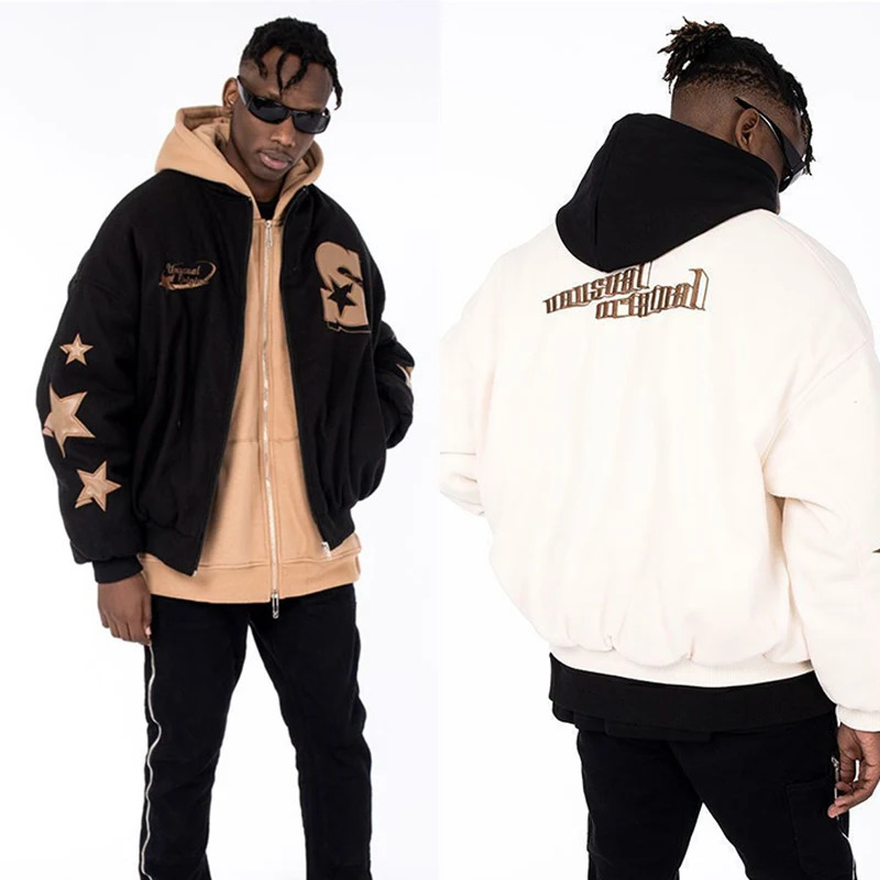 American Retro Baseball Jacket Man Street Star Letter Embroidery Y2K Jackets Coats Autumn Winter Warm Zip Bomber Outwear Unisex 240530