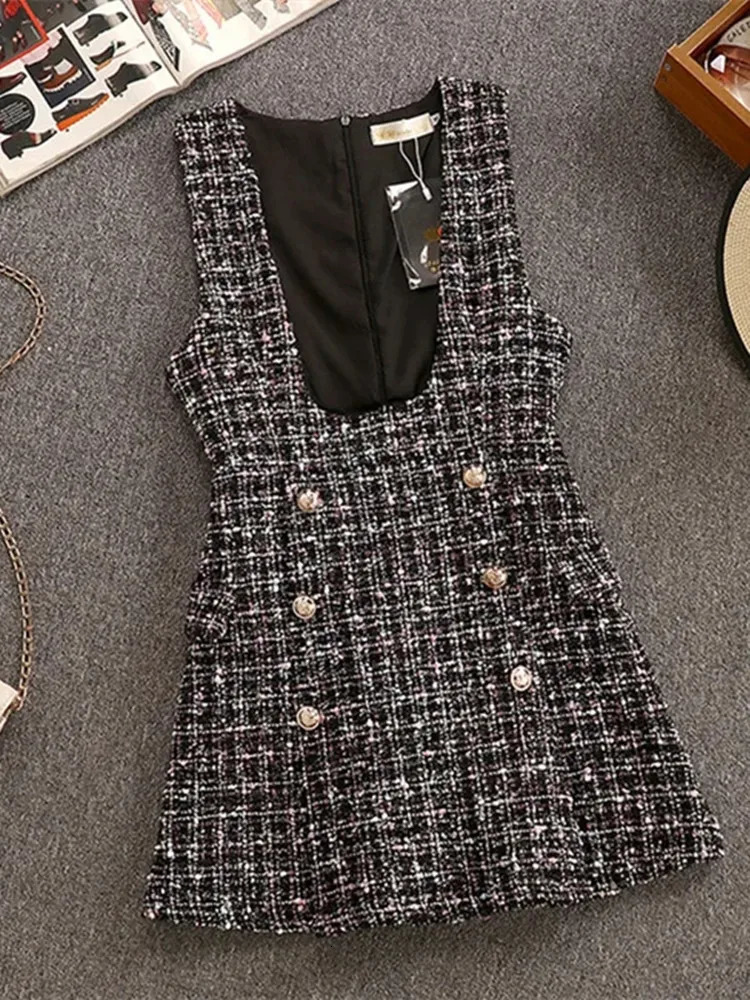 Autumn Winter 2 Piece Set Overalls Dress Women Elegant Ruffles Chiffon Bow Shirt TopDouble Breasted Plaid Tweed Vest Dress 240529